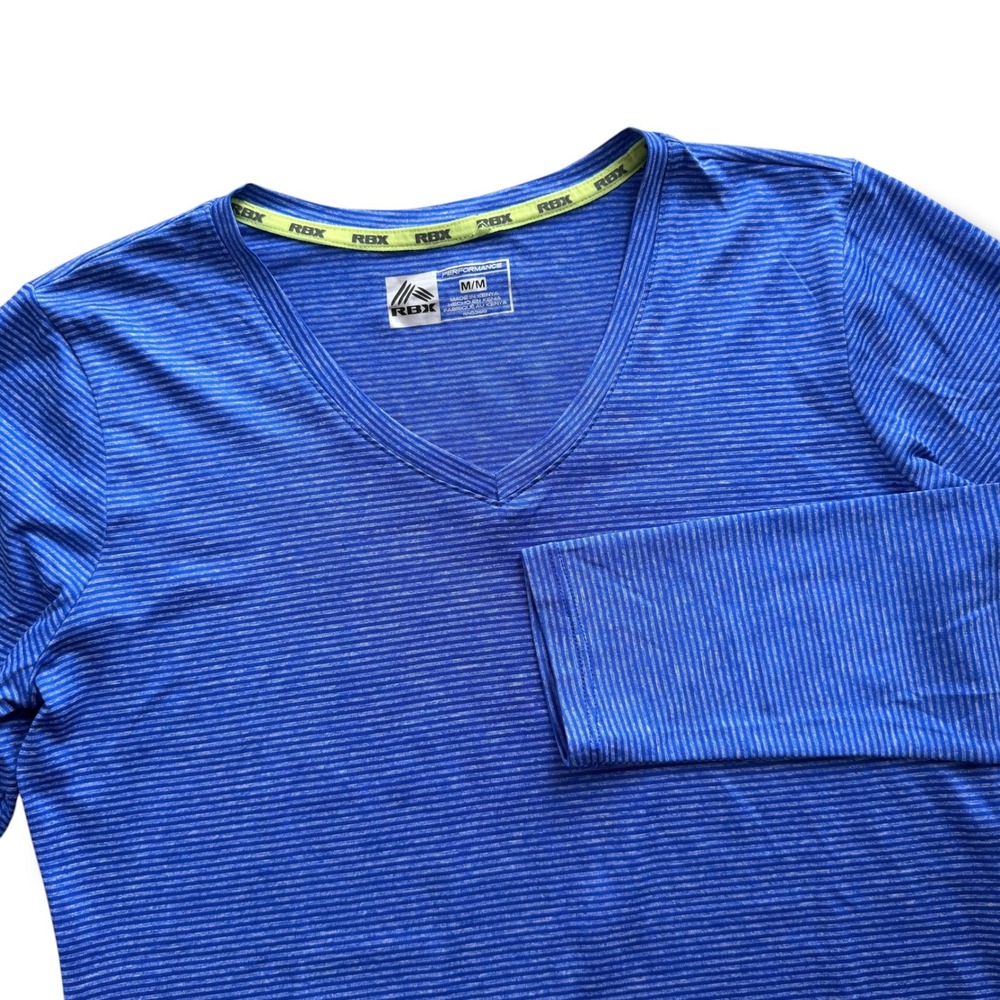 RBX Active Womens M Blue Striped V-Neck Long Sleeve X-Dri Performance Top Sporty